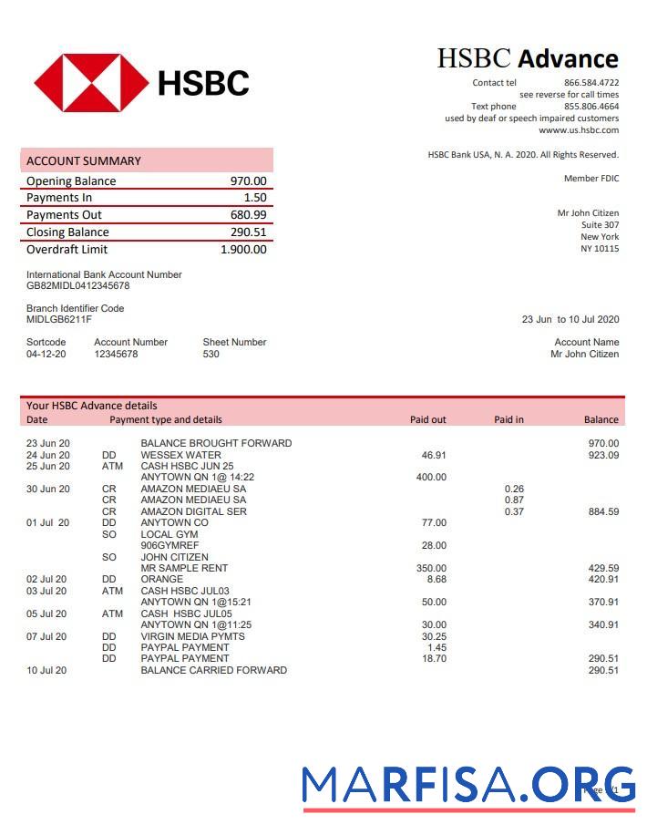 Downloadable USA HSBC bank statement word download for verification